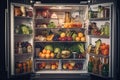 Refrigerator is full of healthy food. Fruits and vegetables. An opened fridge full of fresh fruits and vegetables, AI Generated