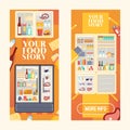 Refrigerator full of products set of banners vector illustration. Open cooler with fruits and vegetables, different