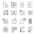 Refrigerator, home freezer and industrial fridge linear icons. Food frozen and cold machine thin line signs