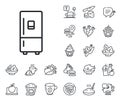 Refrigerator with ice maker line icon. Fridge sign. Crepe, sweet popcorn and salad. Vector