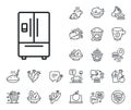 Refrigerator with ice maker line icon. Fridge sign. Crepe, sweet popcorn and salad. Vector