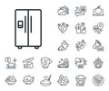 Refrigerator with ice maker line icon. Fridge sign. Crepe, sweet popcorn and salad. Vector