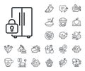 Refrigerator locked line icon. Fridge child lock sign. Crepe, sweet popcorn and salad. Vector