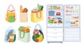 Refrigerator with open door, bags full of food from grocery store or supermarket set Royalty Free Stock Photo