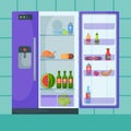 Refrigerator organic food kitchenware household utensil fridge appliance freezer vector illustration.