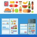 Refrigerator organic food kitchenware household utensil fridge appliance freezer vector illustration.