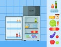 Refrigerator organic food kitchenware household utensil fridge appliance freezer vector illustration.