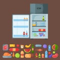 Refrigerator organic food kitchenware household utensil fridge appliance freezer vector illustration.