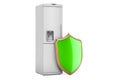 Refrigerator with shield. Guarantee and protection fridge concept. 3D rendering