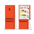 Refrigerator vector illustration, flat cartoon open and closed fridge, refrigerator full of food