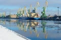 The refrigerator vessel `Baltic spring` on unloading on the Kanonersky channel in the February morning. St. Petersburg