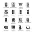 Refrigerators Flat Glyph Icons. Fridge Types, Freezer, Wine Cooler, Commercial Major Appliance, Refrigerated Display