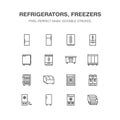 Refrigerators Flat Line Icons. Fridge Types, Freezer, Wine Cooler, Commercial Major Appliance, Refrigerated Display Case