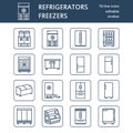 Refrigerators Flat Line Icons. Fridge Types, Freezer, Wine Cooler, Commercial Major Appliance, Refrigerated Display Case