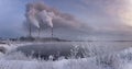 Reftinskaya GRES power station with Reftinsky reservoir in winter, Russia, Ural