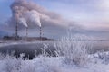 Reftinskaya GRES power station with Reftinsky reservoir in winter, Russia, Ural