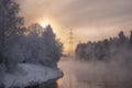 Reftinskaya GRES power station with Reftinsky reservoir in winter, Russia, Ural