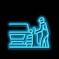 refuel car through phone application neon glow icon illustration