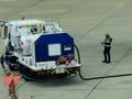 Refuel truck for airplane parked and waiting refuel the airplane on ground in the airport. Royalty Free Stock Photo