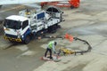 Refuel truck for airplane parked and waiting refuel the airplane on ground in the airport. Royalty Free Stock Photo