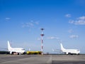 Refueling airplane, aircraft maintenance fuel at the airport Royalty Free Stock Photo