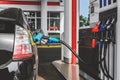 Refueling a car with a birch gun. View of the gas station with fuel hoses Royalty Free Stock Photo