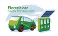 Refueling for electric vehicles with solar panel. Green energy concept. Electro car or gybrid on the clen sky clouds background. Royalty Free Stock Photo