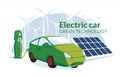 Refueling for electric vehicles with solar panel. Green energy concept. Electro car or gybrid on the windmill turbines background Royalty Free Stock Photo