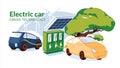 Refueling for electric vehicles with solar panel. Green energy concept. Two electro cars or gybrid on the clean sky clouds  and Royalty Free Stock Photo