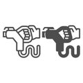 Refueling EV charging gun in hand line and solid icon, electric car concept, gasoline nozzle sign on white background Royalty Free Stock Photo