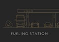 Refueling gas station with cars and trucks and vehicles, linear graphic illustration for premium segment promo or