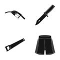 Refueling pistol, combat knife and other web icon in black style. wood hacksaw, shorts icons in set collection.