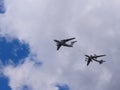 Refueling a strategic bomber in the air, Military air parade in Moscow Royalty Free Stock Photo