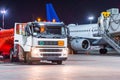 Refueling truck airplane, aircraft maintenance fuel at the airport at night. Royalty Free Stock Photo