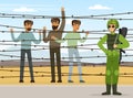 Refugee and Asylum Seeker Behind Iron Wire and Military Armed Force Vector Illustration
