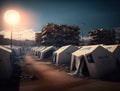 Refugee camp for homeless people after natural disasters or war, tent city among building ruins
