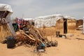 Refugee camp made of local materials and plastic sheets, people living in very poor conditions, internally displaced persons IDP