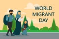 Refugee family walking on the road. World migrant day. War Royalty Free Stock Photo