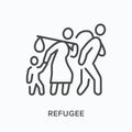 Refugee flat line icon. Vector outline illustration of displaced people walking with luggage, man woman and child