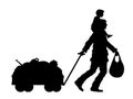 Refugee man and his son silhouette with cart