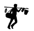 Refugee man silhouette with valise and camping tools