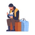 Refugee man sitting on suitcase and eating. Homeless unemployment man needing help vector illustration