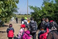 Refugee migrants facing the Croatian police whill crossing the Serbia Croatia border in Berkasovo Bapska, on the Balkans Route