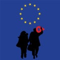 Refugee Silhouette Illustration with Location Tag on European Union Flag Vector