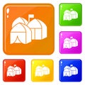 Refugee tent city icons set vector color