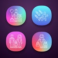 Refugees app icons set. Couple, kid travel abroad with suitcase. Tourist, traveler, passenger. Immigrant child, family