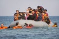 Refugees arriving in Greece in dinghy boat from Turkey. Royalty Free Stock Photo