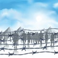 Refugees behind barbed wire