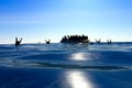 Refugees on a big rubber boat in the middle of the sea that require help Royalty Free Stock Photo