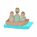 Refugees in a boat icon, cartoon style